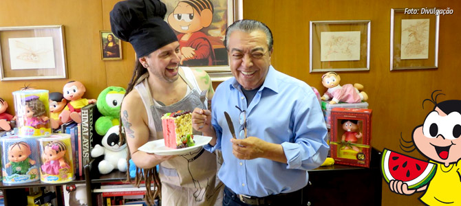 Maurício de Sousa recebe um bolo vegano de melancia no aniversário de 50 anos da Magali
